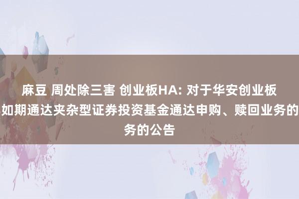 麻豆 周处除三害 创业板HA: 对于华安创业板两年如期通达夹杂型证券投资基金通达申购、赎回业务的公告